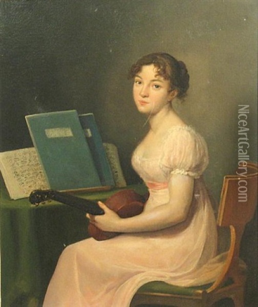 A Girl In A Pink Dress Holding A Guitar Oil Painting - Jules (Julien-Leopold) Boilly