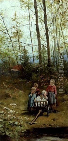 Kinder Im Leiterwagen Oil Painting - Moritz Friedrich Robbecke