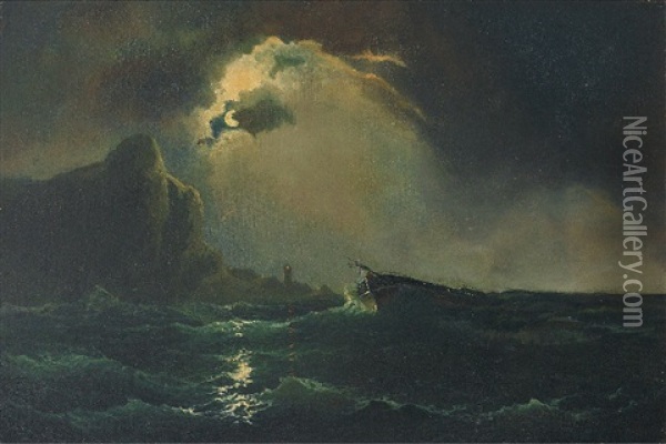 Abendliche Sturmische Marine Mit Steilkuste Und Gestrandetem Schiffswrack Oil Painting - Carl (Baron von) Hafften
