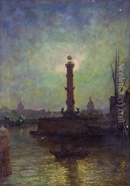 Nachtlicher Blick Auf Die Rostrasaule Der Wassiljewski-insel In St. Petersburg Oil Painting - Gavril Pavlovich Kondratenko