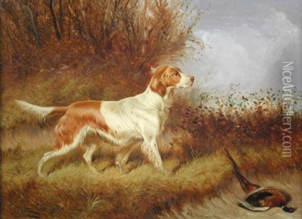 A Red And White Setter With A Dead Pheasant In A Landscape Oil Painting - Colin Graeme