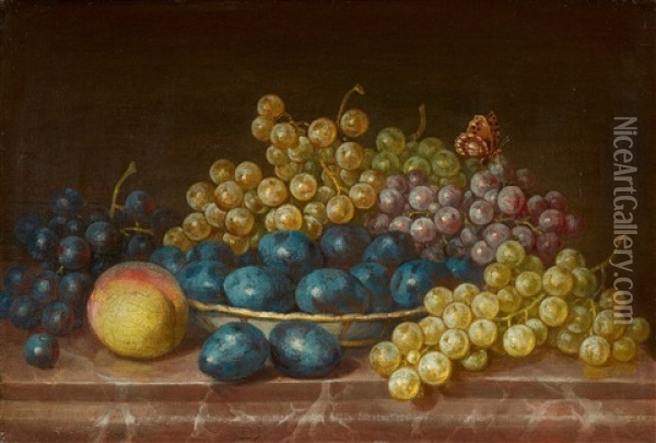 Still Life With Grapes, Plums And A Peach Oil Painting - Anne Vallayer-Coster