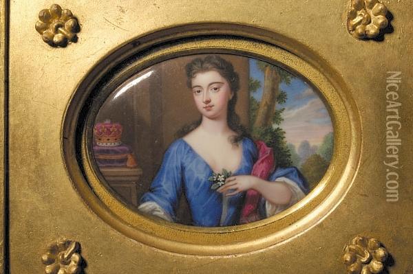 A Miniature Portrait Of A 
Duchess In A Blue Dress, With White Under Dress And Crimson Cloak, 
Holding A Flower, An Ermine-trimmed Coronet To Her Right, Against A 
Landscape Background Oil Painting - Christian Friedrich Zincke