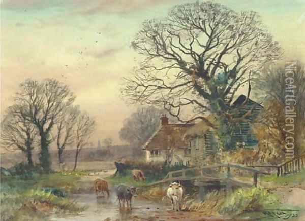 Cattle crossing a ford at Fordingbridge, Hampshire Oil Painting - Henry Charles Fox