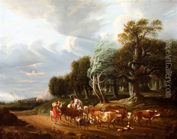Herders Met Vee In Landschap Met Donder En Bliksem Oil Painting - Johann Friedrich Weitsch