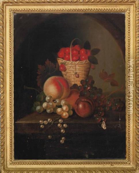 Strawberries In A Wicker Basket, Apples, Grapes And Gooseberries On A Stone Ledge Oil Painting - William Sartorius
