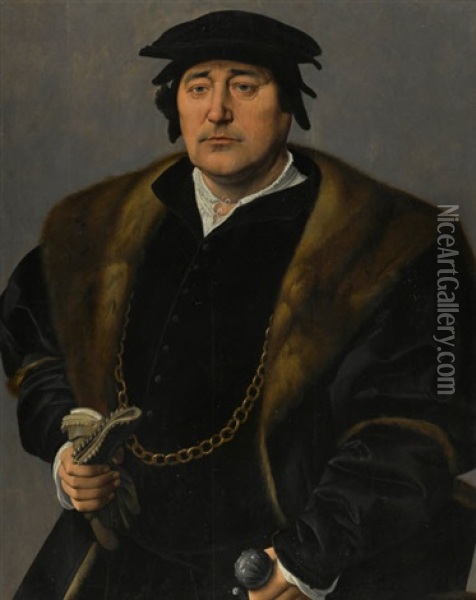 Portrait Of A Gentleman, Wearing A Fur-lined Cloak And A Black Hat Oil Painting - Jan Van Scorel