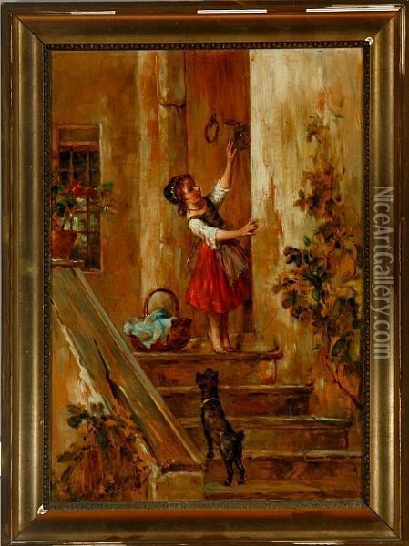 A Little Girl Is Opening The Door Oil Painting - Richard Eisermann
