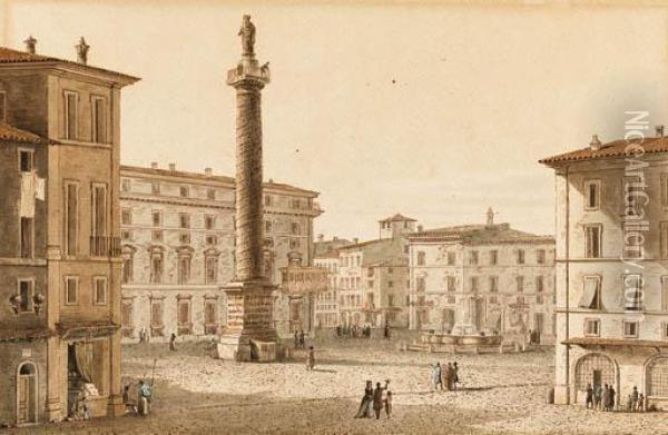Piazza Colonna With The Column Of Marcus Aurelius, Rome Oil Painting - Victor-Jean Nicolle