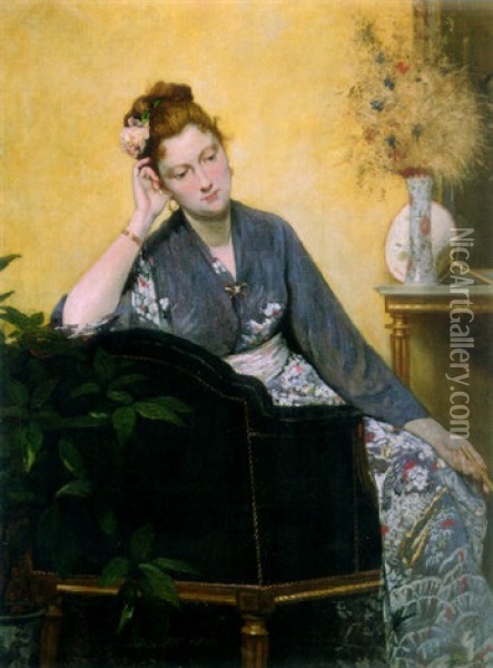 Pensive Woman In A Kimono Oil Painting - Louis Robert Carrier-Belleuse