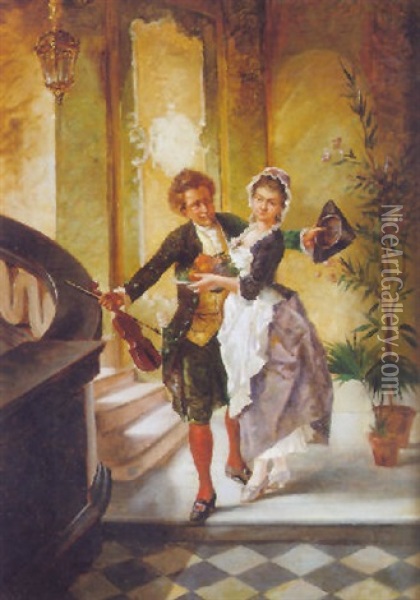 Violinista Y Doncella Oil Painting - Jose Fernandez Alvarado