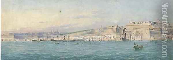Merchant steamers lying at anchor in Grand Harbour, Valetta Oil Painting - Girolamo Gianni