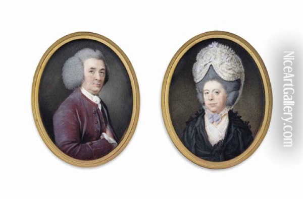 A Pair Of Miniatures: A Gentleman, In Purple Coat And Waistcoat And White Shirt And Cravat, Powdered Wig, His Right Hand Inside His Waistcoat Oil Painting - Samuel Cotes