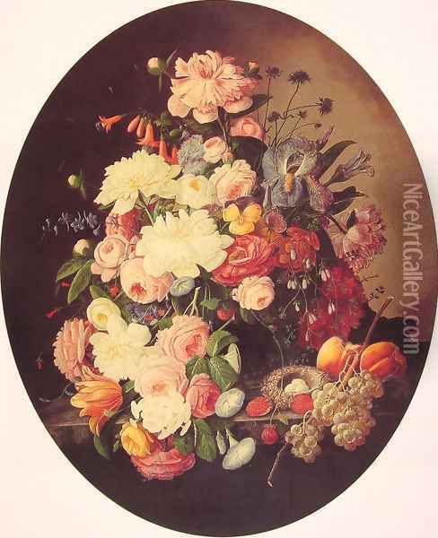 Still Life with Flowers Oval Oil Painting - Severin Roesen