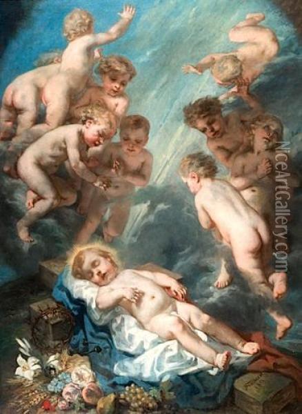 Le Christ Enfant Avec Les Instruments De La Passion Dans Une Nuee D'angelots Oil Painting - Octave Tassaert