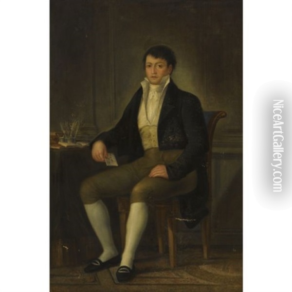 Portrait Of Don Diego De Colon, Seated In A Study Interior Oil Painting - Agustin Esteve Y Marques