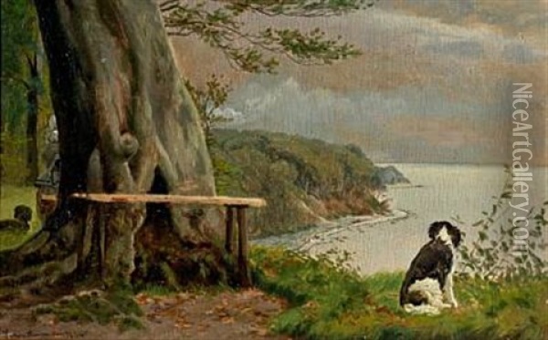 A Woman And Two Dogs Enjoying A View Of The Water Oil Painting - Simon Simonsen