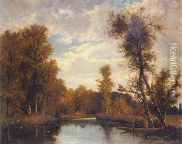 Fishing In A Wooded River Landscape Oil Painting - Hippolyte Emmanuel Boulenger