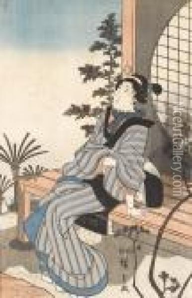 Eine Dame Sitzt Auf Der Veranda. Oil Painting - Utagawa or Ando Hiroshige