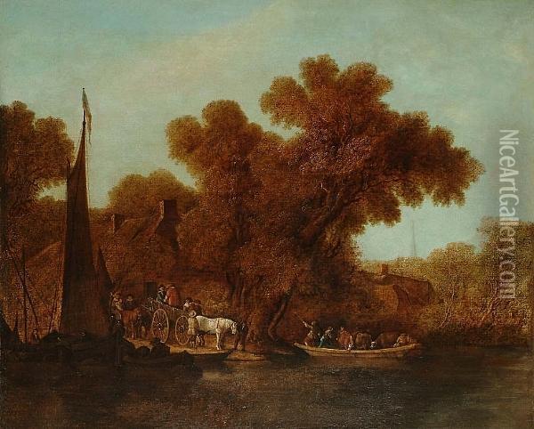 River Landscape With A Ferry In The Foreground Oil Painting - Jacob Salomonsz. Ruysdael