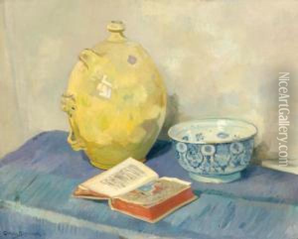 Still Life With Yellow Jar, Earthenware Bowl And A Book Of Hours Oil Painting - Gerrit W. Van Blaaderen