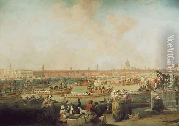 The Lord Mayors Procession by Water to Westminster, 9th November 1789, c.1789 Oil Painting - Francis Wheatley