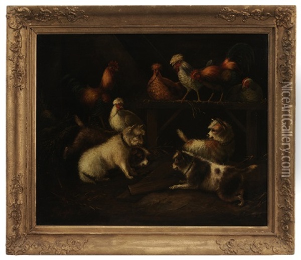 Cairn Terriers With Chickens In A Barn Oil Painting - George Armfield