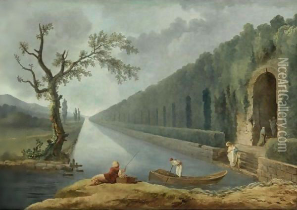 Garden Scene With A Canal Oil Painting - Hubert Robert