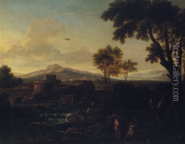 An Italianate Landscape With Travellers Resting Beside A River Before A Castle Oil Painting - Andrea Locatelli
