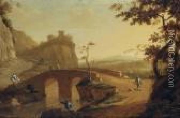 A Landscape With Travellers Crossing A Bridge, A Hilltop Housebeyond Oil Painting - Willem de Heusch