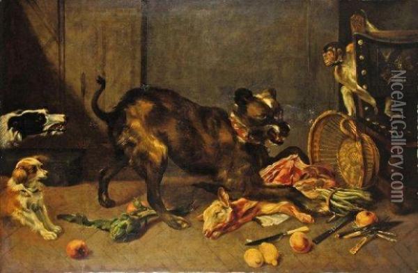 Lot 147 : Atelier De F. Snyders, Ecole Flamande Du Xviie -chien Poursuivant Un Singe... Oil Painting - Frans Snyders