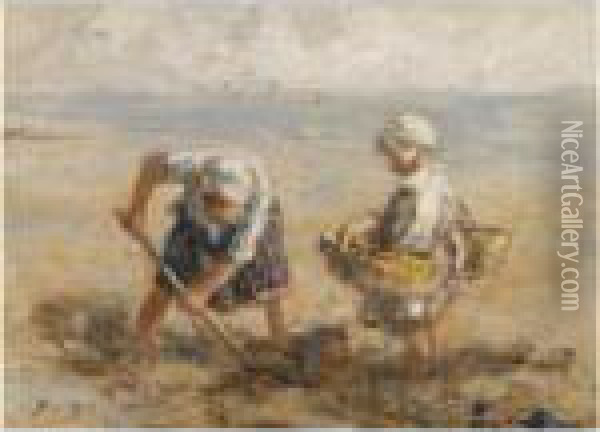 Digging On The Shore Oil Painting - Robert Gemmell Hutchison