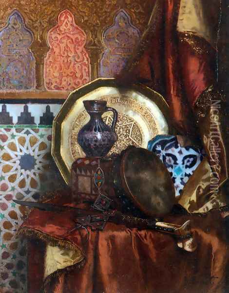 A Tambourine, Knife, Moroccan Tile and Plate on Satin covered Table Oil Painting - Rudolph Ernst