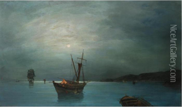 Sailing Vessels By Moonlight Oil Painting - Constantinos Volanakis