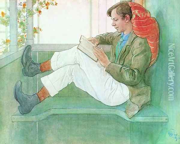 Esbjorn Reading On The Veranda Oil Painting - Carl Larsson