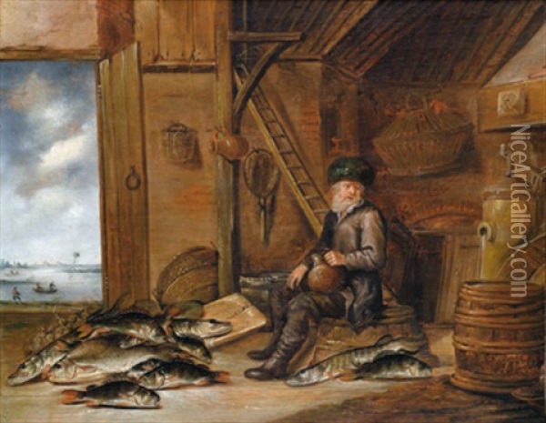 Ein Fischer Mit Einem Bierkrug In Seiner Hutte Oil Painting - Pieter de Putter