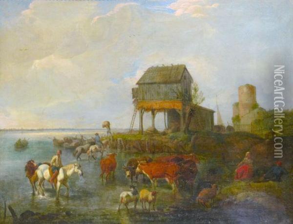 Vachers Et Leur Troupeau Pres D'une Riviere Oil Painting - Pieter van Bloemen