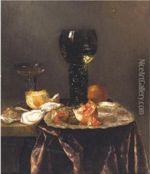 Still Life With A Roemer, A 
Pomegranate And Oysters All Resting On A Partially Draped Table Oil Painting - Abraham Hendrickz Van Beyeren