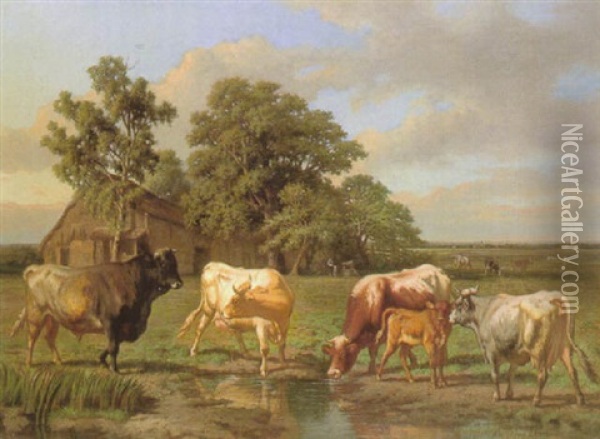 Cattle Drinking At A Pool Oil Painting - Charles Coumont