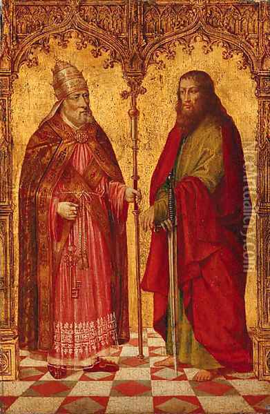 Saints Peter and Paul in a feigned Gothical portico Oil Painting - Master of Moulins (Jean Hey)