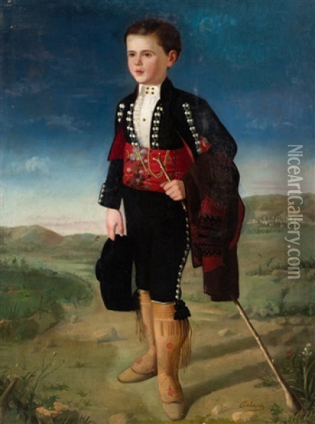 Retrato De Nino Vestido Con Traje De Gala Andaluz, Quizas Granadino Oil Painting - Ricardo Balaca y Canseco