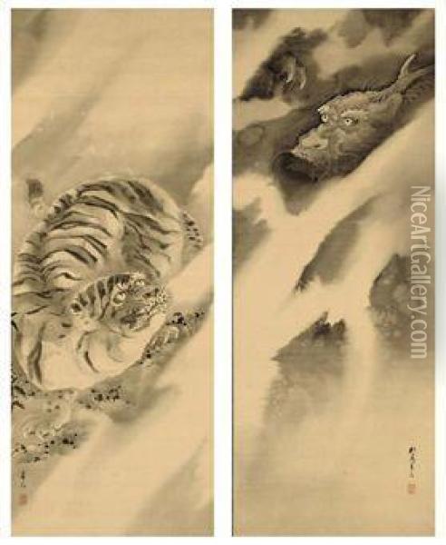 Tiger And Dragon Oil Painting - Kishi Ganryo