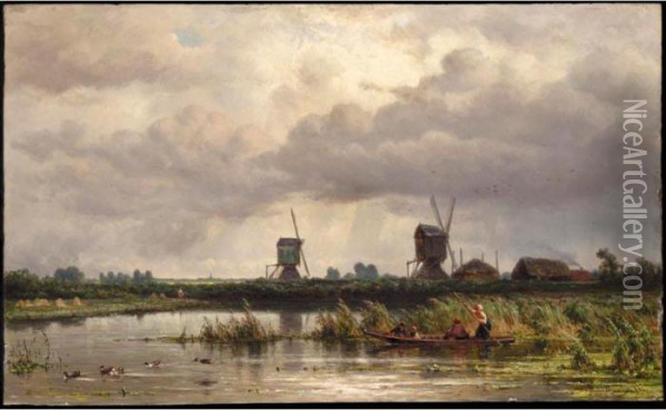 Figures In A Boat With Two Windmills Beyond Oil Painting - Jan Willem Van Borselen