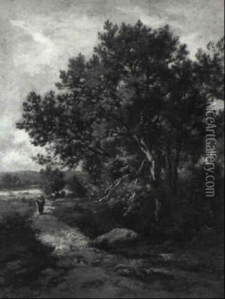 Wooded Landscape With A Peasantwoman And Child On Path Oil Painting - Leon Richet