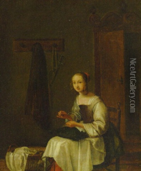 A Woman Sewing In An Interior Oil Painting - Pieter Corneliz van Singelandt