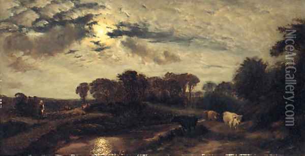 Cattle in a moonlit River Landscape Oil Painting - Henry William Banks Davis