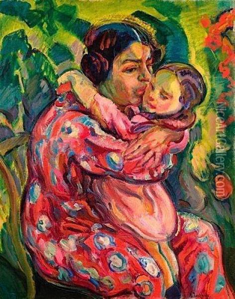 Madame Tarkhoff Assise Embrassant Son Enfant, Circa 1913 Oil Painting - Nicolas Tarkhoff