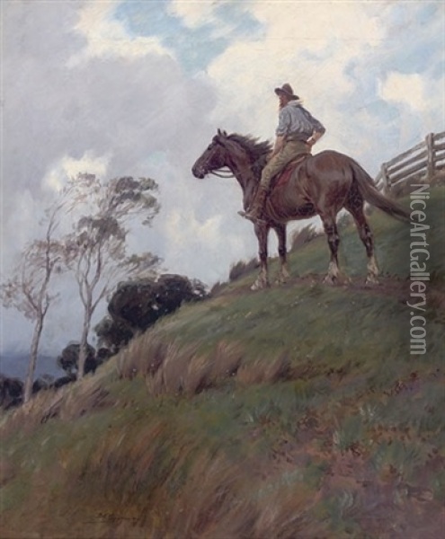 A Mounted Stockman Oil Painting - Percy Frederick Seaton Spence