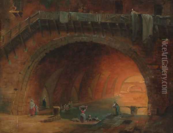 Washerwomen at an aqueduct Oil Painting - Hubert Robert