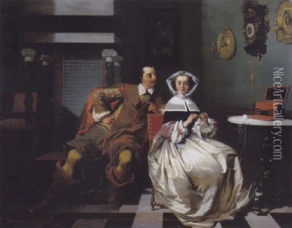Vrouw In Gezelschap Van Een Galante Heer Oil Painting - Casimir Van Den Daele